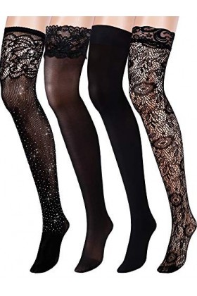Chengu 4&nbsp;Paires&nbsp;Jarretelles en Dentelle Noire pour Femme Cuisse-Haut Bas Résille Collants&nbsp;Bas de Soie Style A, Noir 