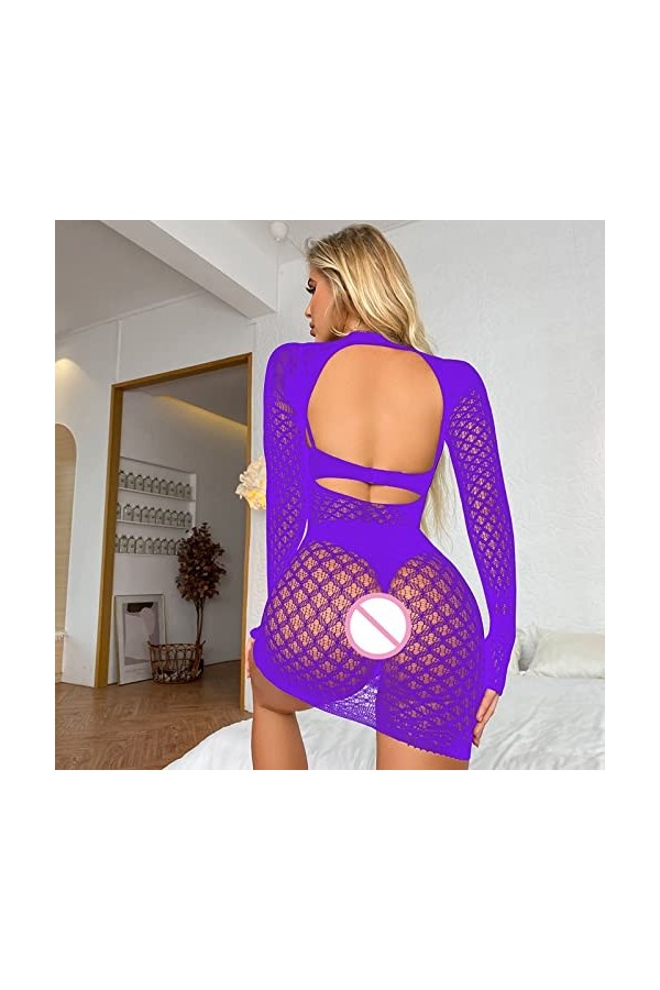 Générique Ouverte Entrejambe Pyjama Transparent Femme sous-Vêtements Maille Manches Longues Sexy Robe Dos Pyjama sous-Vêtemen