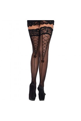 Leg Avenue 9098 Bas Auto-Fixants Transparents Bordés de Dentelle Noir Taille Unique 36-40