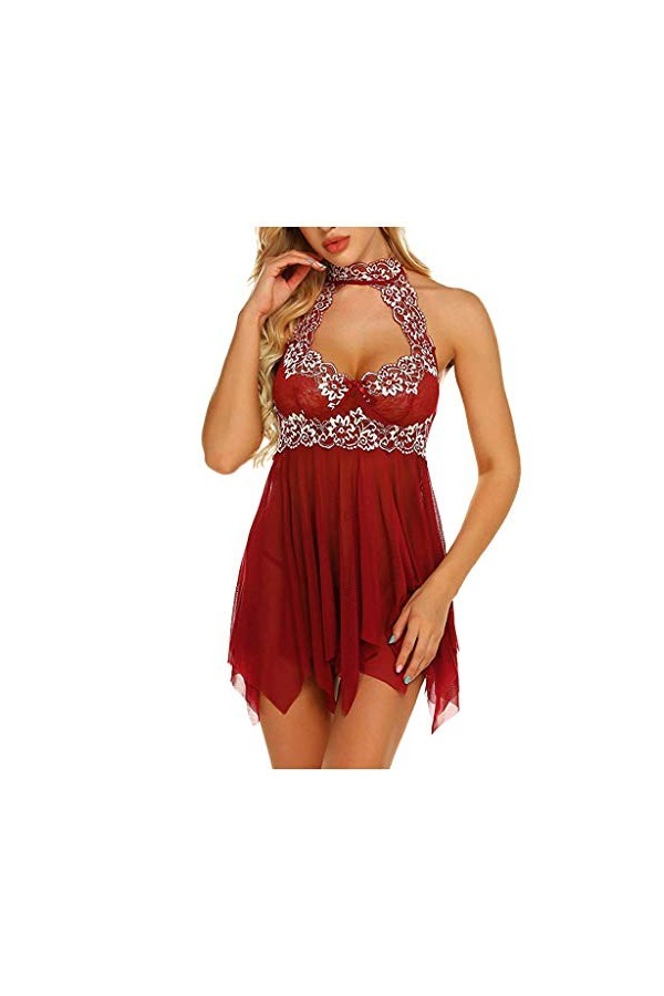 Générique Halter Dress Sexy Nightgown Dentelle sous-vêtements Lingerie Femmes Costume Sexy Coquine Hot Red, XL 