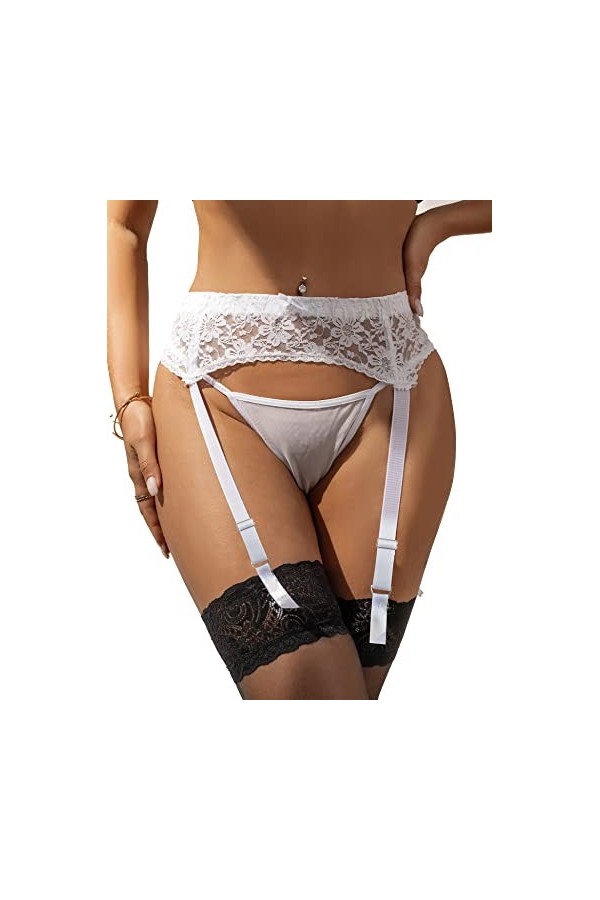 comeondear Porte-jarretelles Femme Sexy Dentelle avec 4 Pinces Réglable Jarretelles Noir avec G-string Guepiere Grande Taille