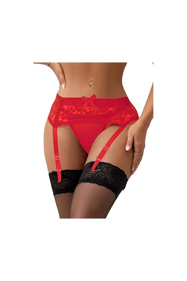 comeondear Porte-jarretelles Femme Sexy Dentelle avec 4 Pinces Réglable Jarretelles Noir avec G-string Guepiere Grande Taille
