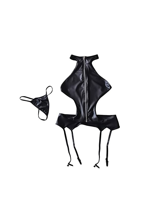 Générique Ceinture serrée Combinaison en Acier Dames Pas de jarretière 2PC Lingerie Sexy Cuir Une pièce Fermeture éclair Cuir