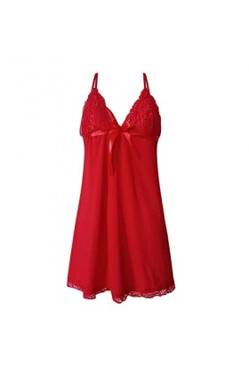 OBiQuzz Chemise de nuit sexy en dentelle pour femme - Col en V - Slip complet - Lingerie sexy - Vernis, rouge, XL