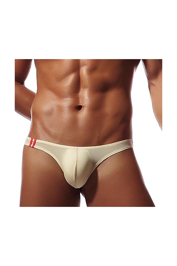 CUTeFiorino Sous-vêtement homme M en soie glacée solide à barres rouges fines taille basse en forme de T, beige, L