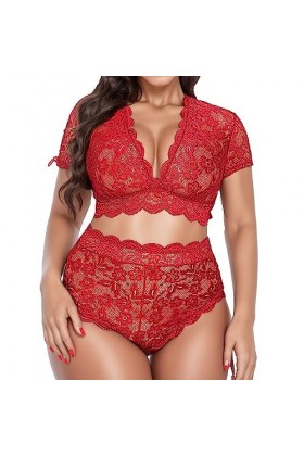 Lingerie Sexy pour Femme Lingerie Sexy Grande Taille col en V Taille Haute Dentelle Florale Soutien-Gorge croisé et Culotte E