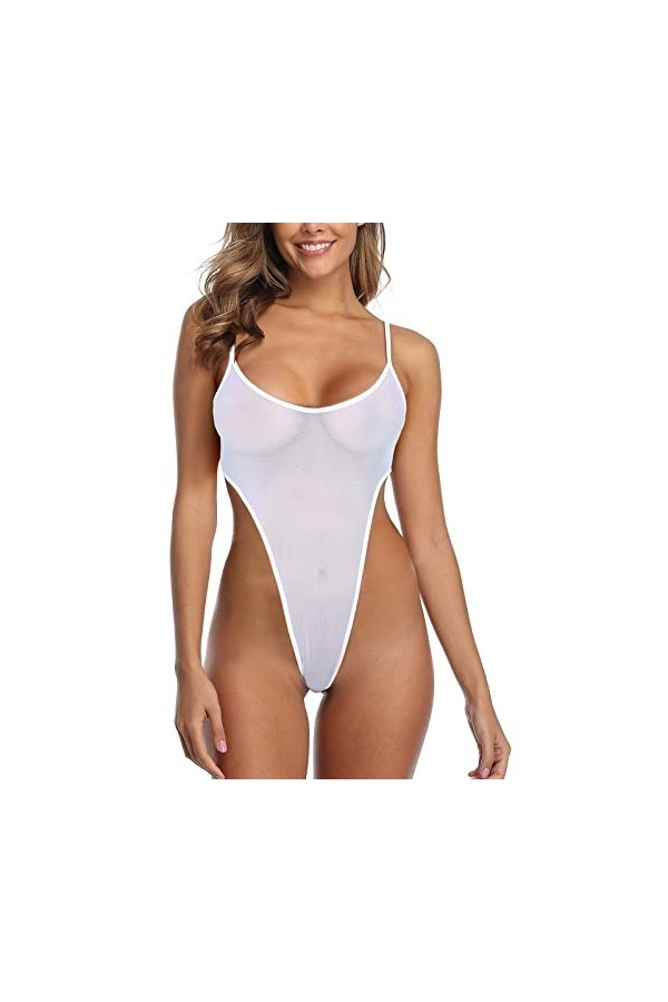 XIUH Ensemble de sous-vêtements sexy en dentelle et filet de pêche - Avec anneau en acier - Pour femme - Blanc - Taille L, Bl