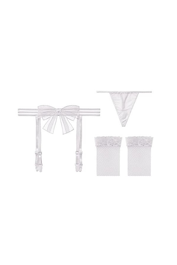 KOEMCY Femme Porte Jarretelle Jarretières sans Couture Bowknot Jarretelles Guepiere Ensemble 4 Réglable Jarretelle avec G-Str