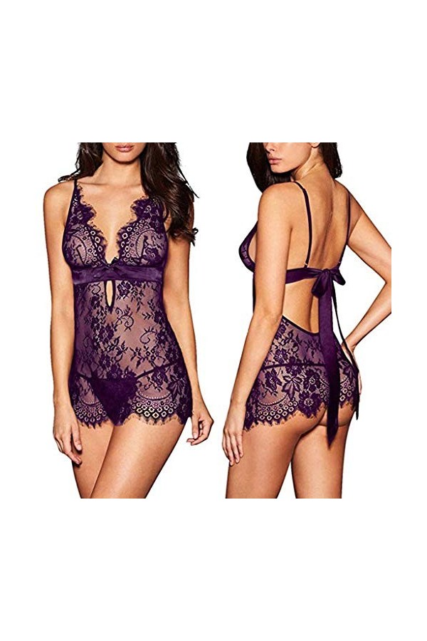 liaddkv Bow-Schwarz Sous-vêtements sexy pour femme Vêtements de nuit Chemise Poupée en dentelle Lingerie sexy Fluo, lilas, M