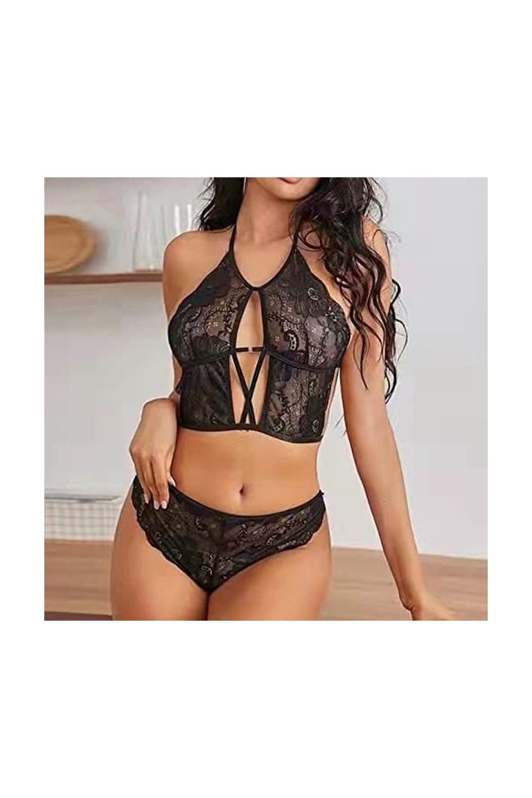 GilRu Chemisier en Dentelle Sexy pour Femme sous-vêtement Costume laçage réglable Ventre exposé Dos Lingerie Ensemble Lingeri
