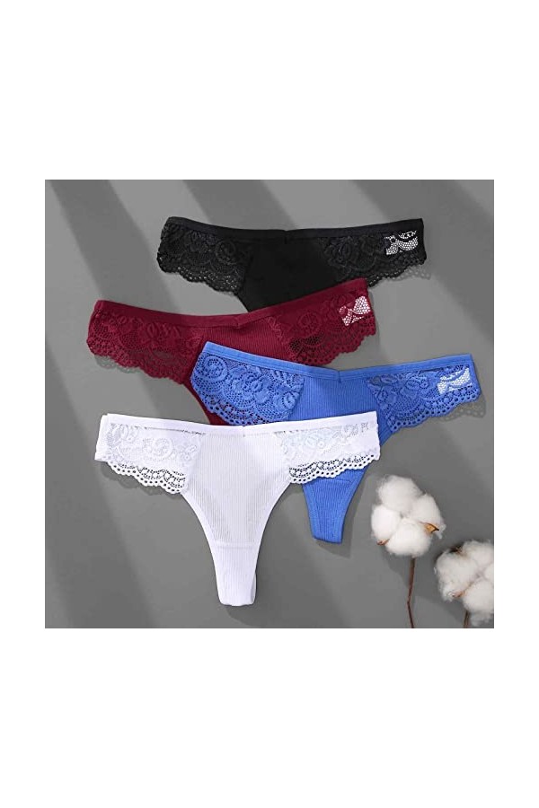 Culotte Femme Tanga String en Coton Slips Shorty Confortable Femmes Coton côtés Dentelle Culotte String Dentelle Couture V Ta