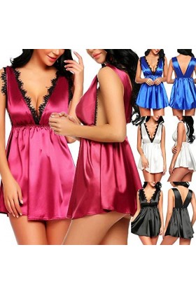 liaddkv Pyjama sexy en V avec décolleté en dentelle et grande taille Taille 50, bleu, L