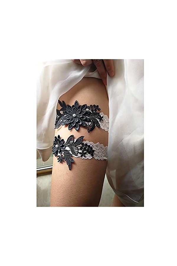 Carufin Jarretière de mariée en dentelle élastique pour femme et fille bleu marine 