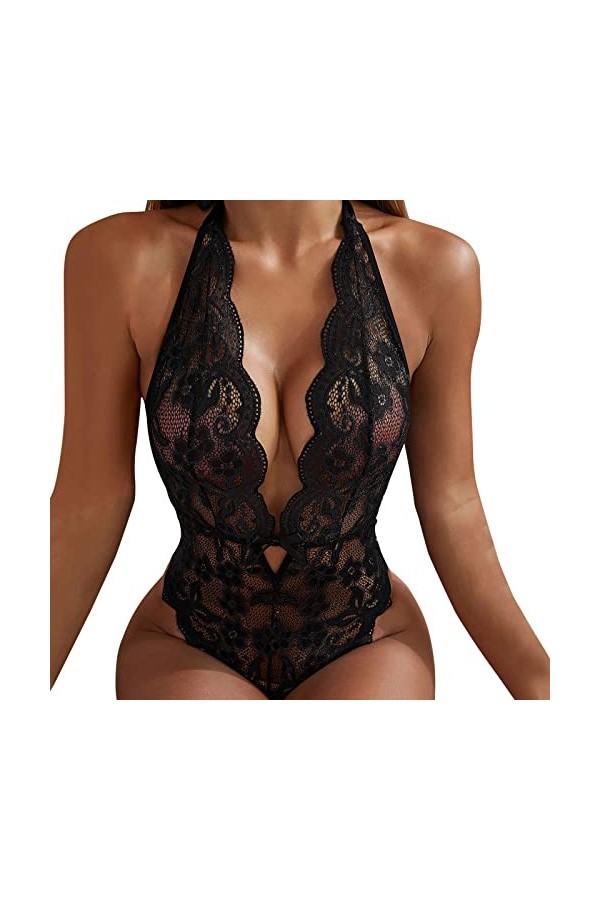 Hasagimol Lingerie Nuisette Sexy Femme One-Piece Deep V Dos Nu Réglable Teddy Sous-VêTement Dentelle Babydolls Body Combinais