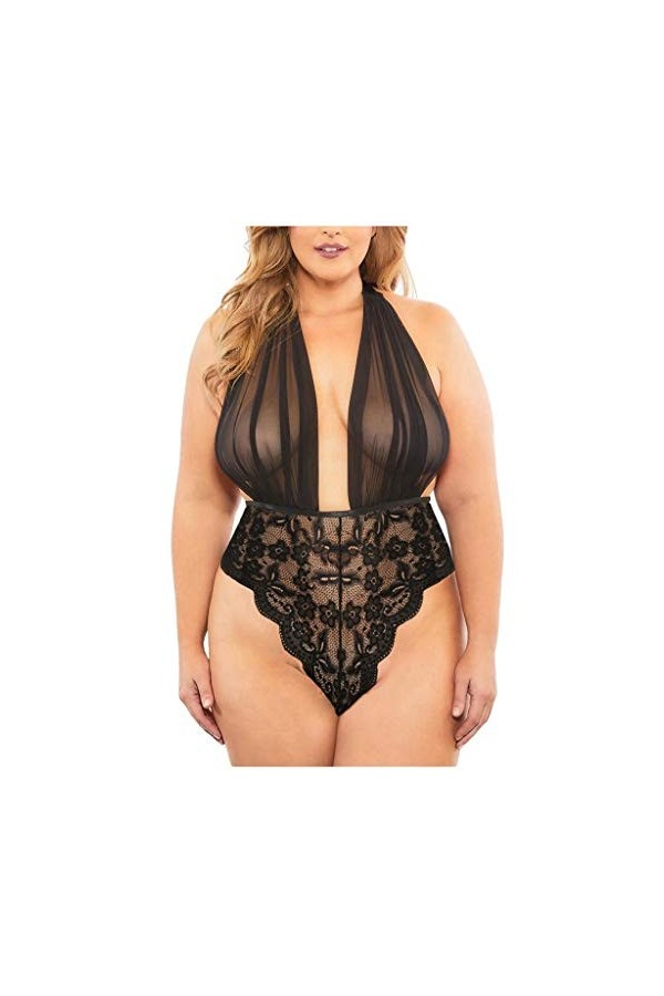 BIISDOST Deep Halter Backless lingerie Bodysuit Teddy femmes Jumpsuit dentelle V-Neck sexy Adulte Couple Lingerie Homme Blac