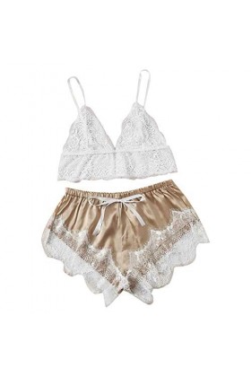 FGUUTYM Femmes Lingerie Sexy Dentelle Sous-vêtements sans fil Pyjama Soutien-gorge Satin Set... Lingerie Sexy, Blanc., L