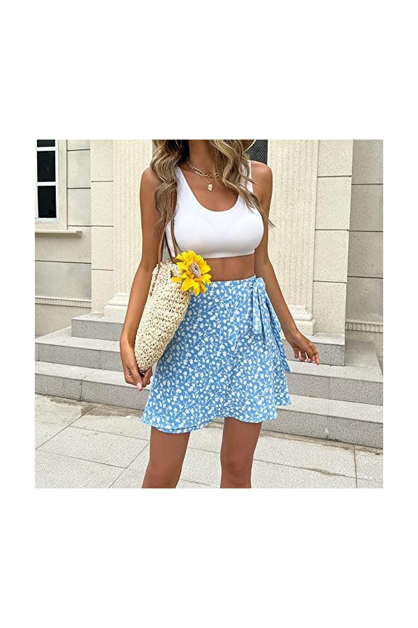 Mode Femmes Casual Mode Personnalité Doux Taille Haute Lanières Imprimé Une Ligne Courte Mini Jupe Latex Jupe, bleu, 48