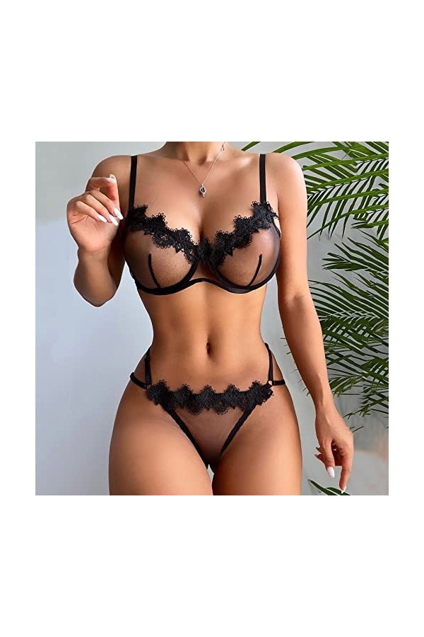 Hanxiulin Soutien-gorge de sport push-up - Nuisette - String érotique - Ensemble de bretelles en dentelle - Soutien-gorge et 