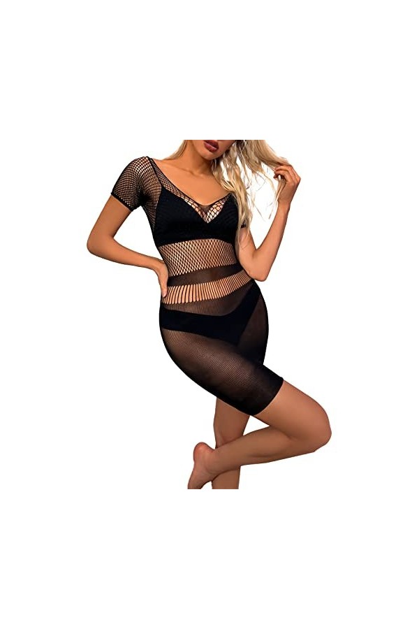 liaddkv Body en dentelle - Lingerie sexy à manches courtes - Costumes - Robe pour femme - Body sexy noir, taille unique 