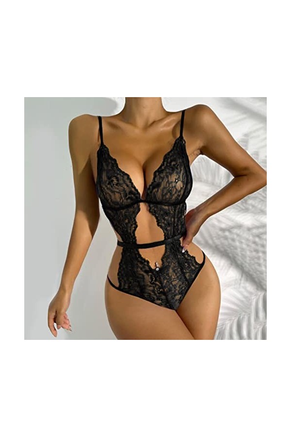 liaddkv Lingerie sexy pour femme - Rouge - En dentelle solide - Lingerie pour homme - Noir - Taille M