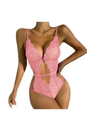 liaddkv Lingerie sexy pour femme - Rouge - En dentelle solide - Lingerie pour homme - Rose - Taille L