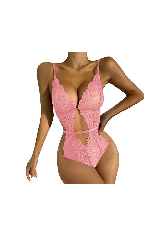 liaddkv Lingerie sexy pour femme - Rouge - En dentelle solide - Lingerie pour homme - Rose - Taille L