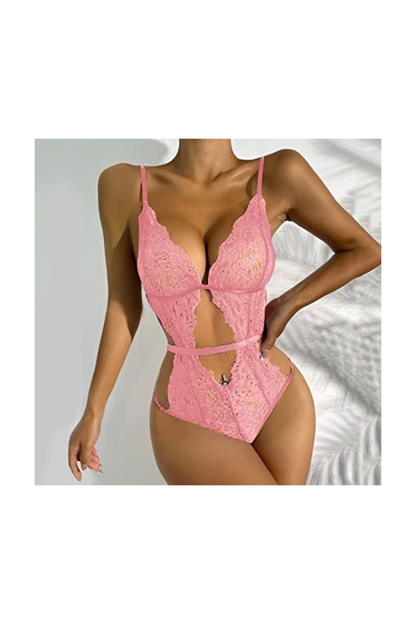 liaddkv Lingerie sexy pour femme - Rouge - En dentelle solide - Lingerie pour homme - Rose - Taille L