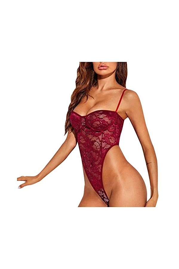 TDEOK Lingerie - Ceinture cosmétique transparente pour femme - Ensemble soutien-gorge avec collants, body avec collier, rouge