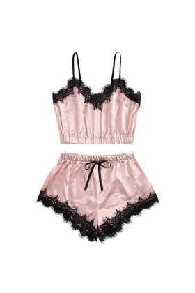 TDEOK Ensemble de lingerie bordelette en dentelle Sleepware pour femme avec sangle de pyjama et chaîne sexy, Rose, XL
