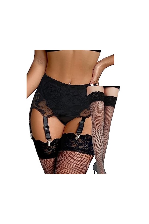 comeondear Porte-Jarretelle Sexy Dentelle avec Bas Autofixants Résille Femme avec 6 Pinces Réglable Guepiere Porte Jarretelle