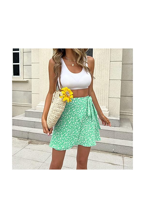 Mode Femmes Casual Mode Personnalité Doux Taille Haute Lanières Imprimé Une Ligne Courte Mini Jupe Latex Jupe, Vert, 52