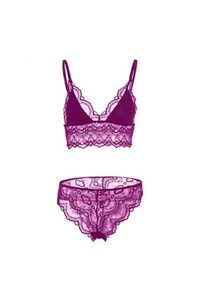 liaddkv Femmes Sexy Dentelle Sous-vêtements Creux Culotte Dentelle Culotte Ensemble 2 Pièces Mesh Lingerie Laqué, lilas, XL