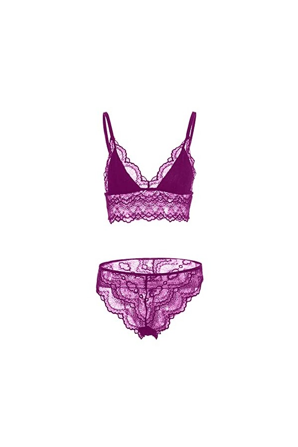liaddkv Femmes Sexy Dentelle Sous-vêtements Creux Culotte Dentelle Culotte Ensemble 2 Pièces Mesh Lingerie Laqué, lilas, XL