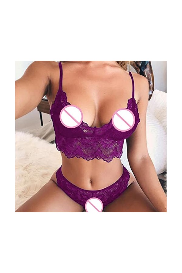 liaddkv Femmes Sexy Dentelle Sous-vêtements Creux Culotte Dentelle Culotte Ensemble 2 Pièces Mesh Lingerie Laqué, lilas, XL