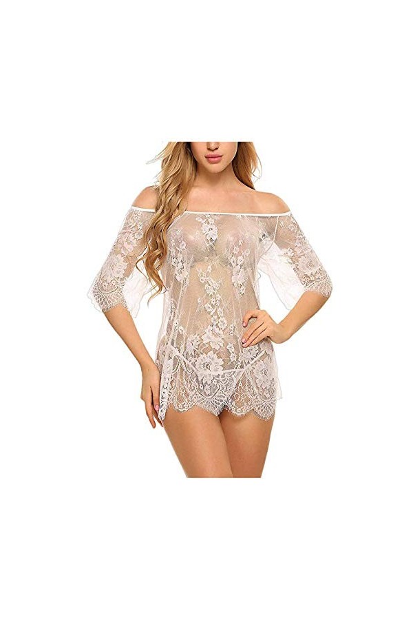 Junhasgood Lingerie Dentelle Homme Sexy Dentelle Robe de Nuit + G-String sous Vêtements Coton White 1, M 