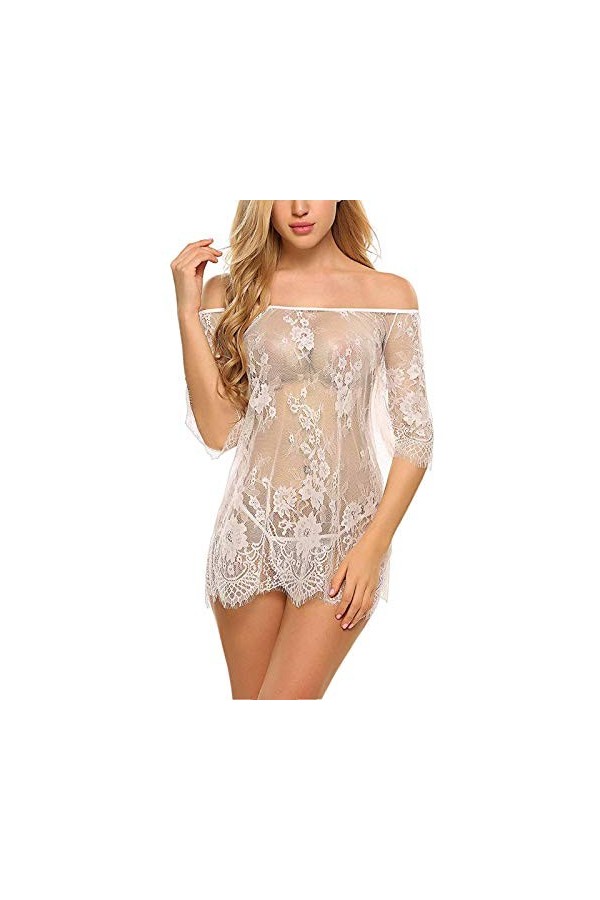 Junhasgood Lingerie Dentelle Homme Sexy Dentelle Robe de Nuit + G-String sous Vêtements Coton White 1, M 