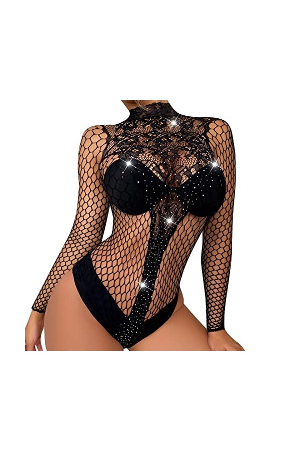 liaddkv Ensemble de lingerie sexy à manches longues et col en dentelle pour femme, Noir , taille unique