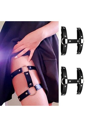 2Pcs Harnais de Jambe en Cuir élastique Double Rangée Jarretière Punk Harnais Porte Jarretelles Anneau pour Femme Fille Noir