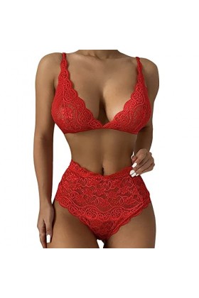 liaddkv Ensemble de lingerie sexy en dentelle avec cils et trois points pour femme Lingerie sexy Bustier, Bordeaux, L