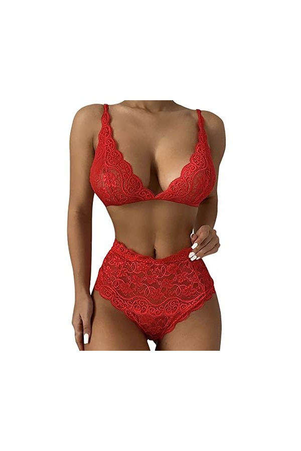 liaddkv Ensemble de lingerie sexy en dentelle avec cils et trois points pour femme Lingerie sexy Bustier, Bordeaux, L