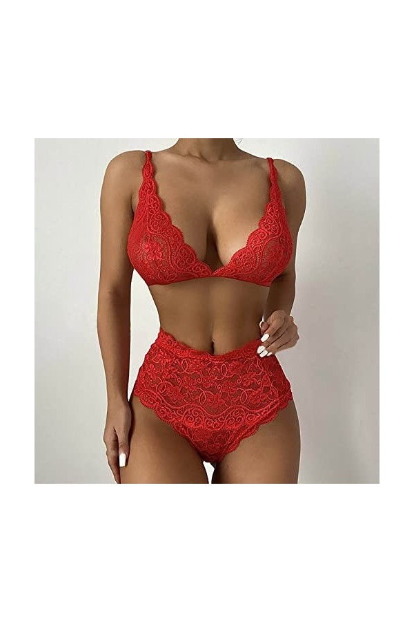 liaddkv Ensemble de lingerie sexy en dentelle avec cils et trois points pour femme Lingerie sexy Bustier, Bordeaux, L