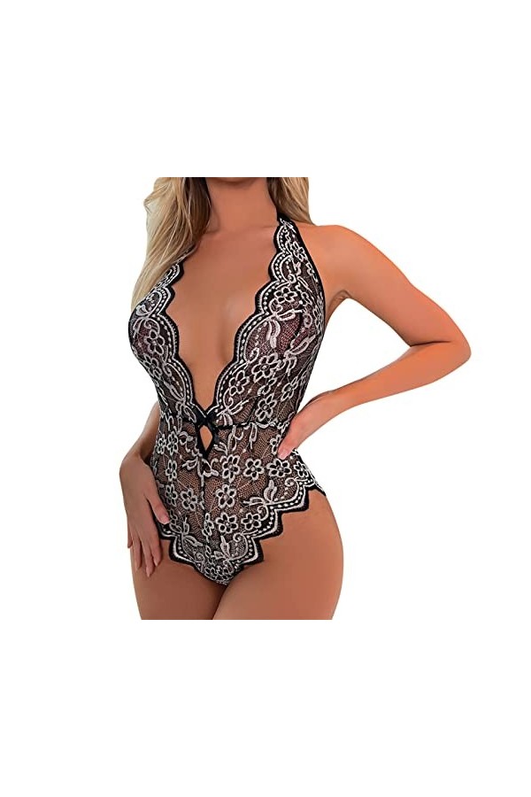 TDEOK Jarretière Sexy Body Sculpting Stitching Broderie Deep V Sling Bodysuit Lingerie Femme, Noir , M