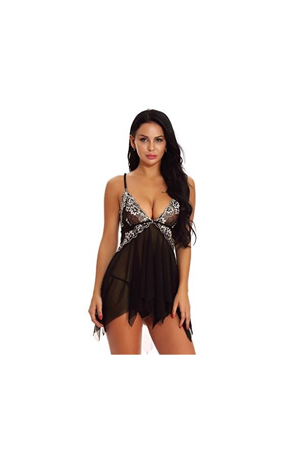 TDEOK Lingerie sexy pour femme avec fermeture en dentelle en maille en V, Noir , XXXL