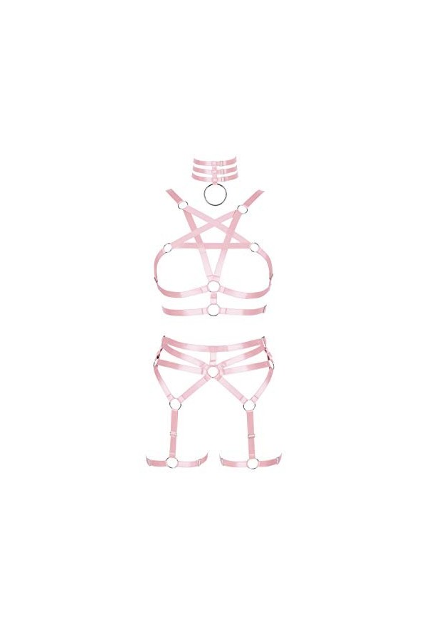 BBOHSS Femmes Corps Harnais Pentagramme Soutien-Gorge Ensemble Punk jarretière Jambe Taille Danse élastique Gothique Carnaval