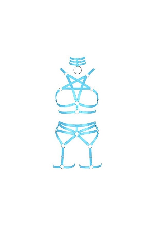 BBOHSS Femmes Corps Harnais Pentagramme Soutien-Gorge Ensemble Punk jarretière Jambe Taille Danse élastique Gothique Carnaval