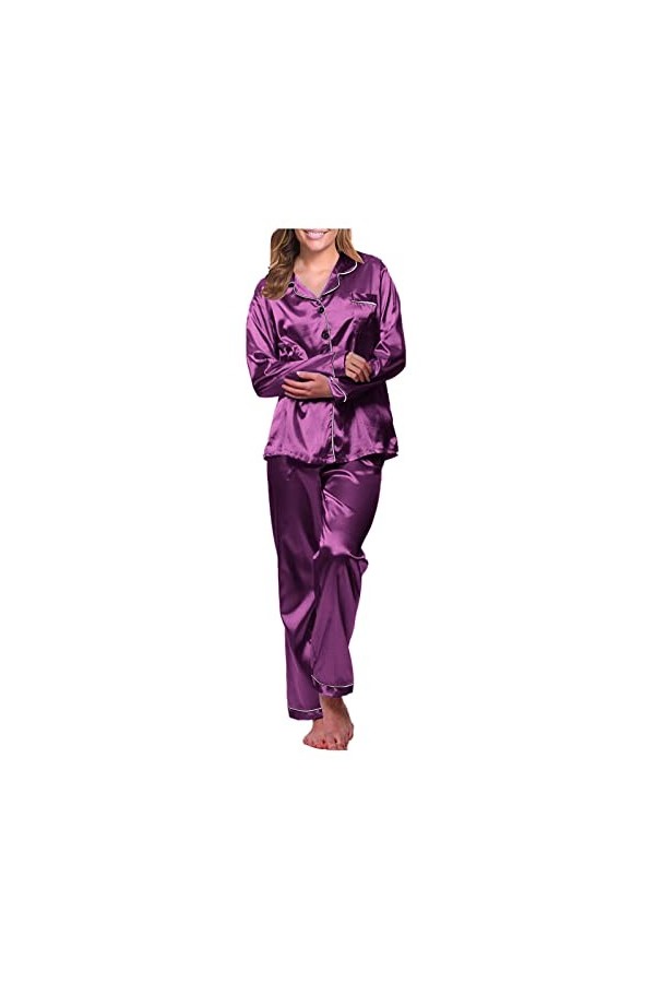Ensemble de Pyjama Femme 2 pièce Pyjama en Satin de Soie avec Poche Manche Longue Classique vêtement de Nuit Col-V Top Bouton