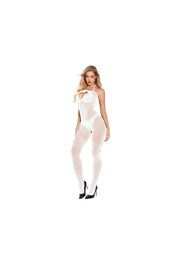 MEGAHERZ Lingerie érotique uniforme jarretière body laçage entrejambe combinaison bas Blanc 