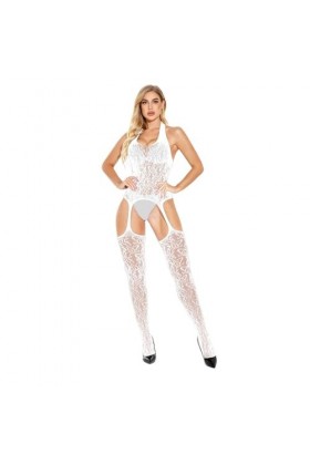 Bas une pièce en maille jacquard sexy jarretière squelette lingerie érotique Blanc 