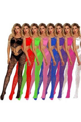 Lingerie érotique uniforme jacquard combinaison laçage une pièce bas collants Rose 