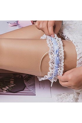 yanstar Ensemble de jarretelles de mariage avec bordure en dentelle et strass - bleu - Taille Unique